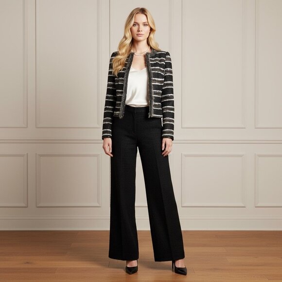 NWT Stella & Jamie Fur Trim Tweed Blazer Sz L Black White Striped Career Office - Picture 14 of 15